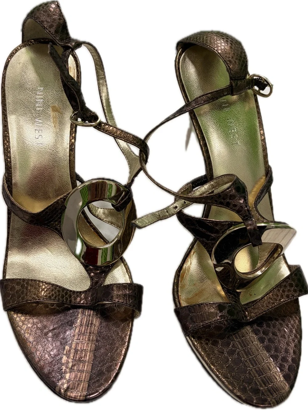 Nine West Metallic Brown Strappy Heels with Gold Accent